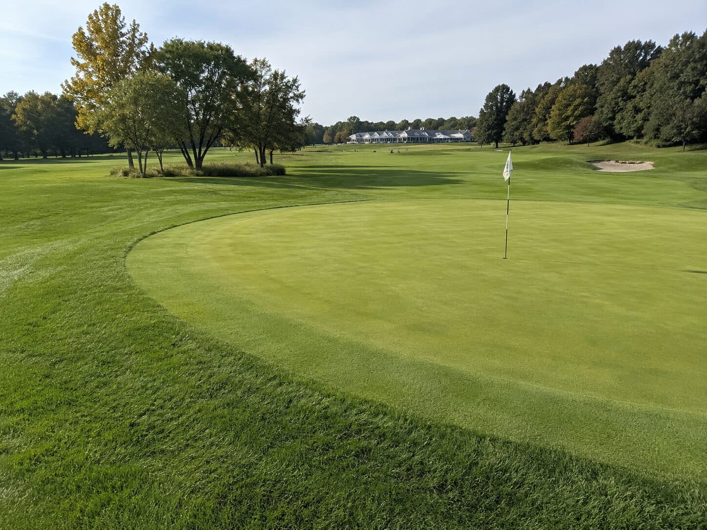 Golf green with clubhouse and trees in the background