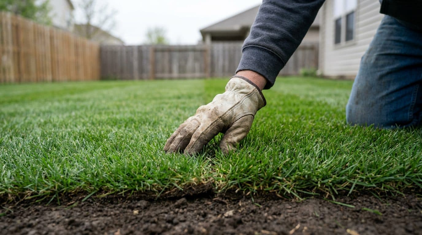 Gloved hand pressing the seam between two freshly laid sod pieces of different blade textures