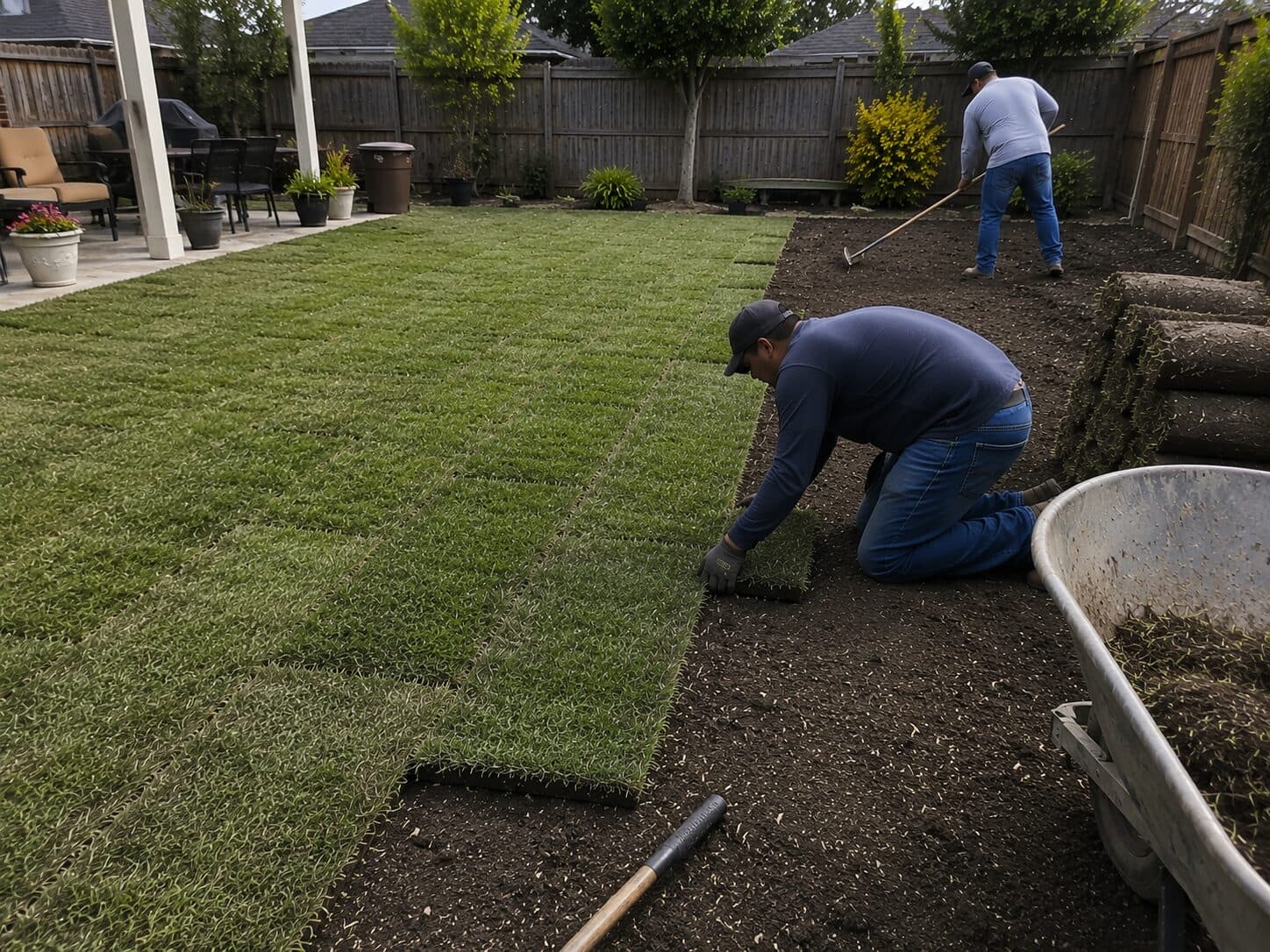 Sod crew working across a wide backyard installation