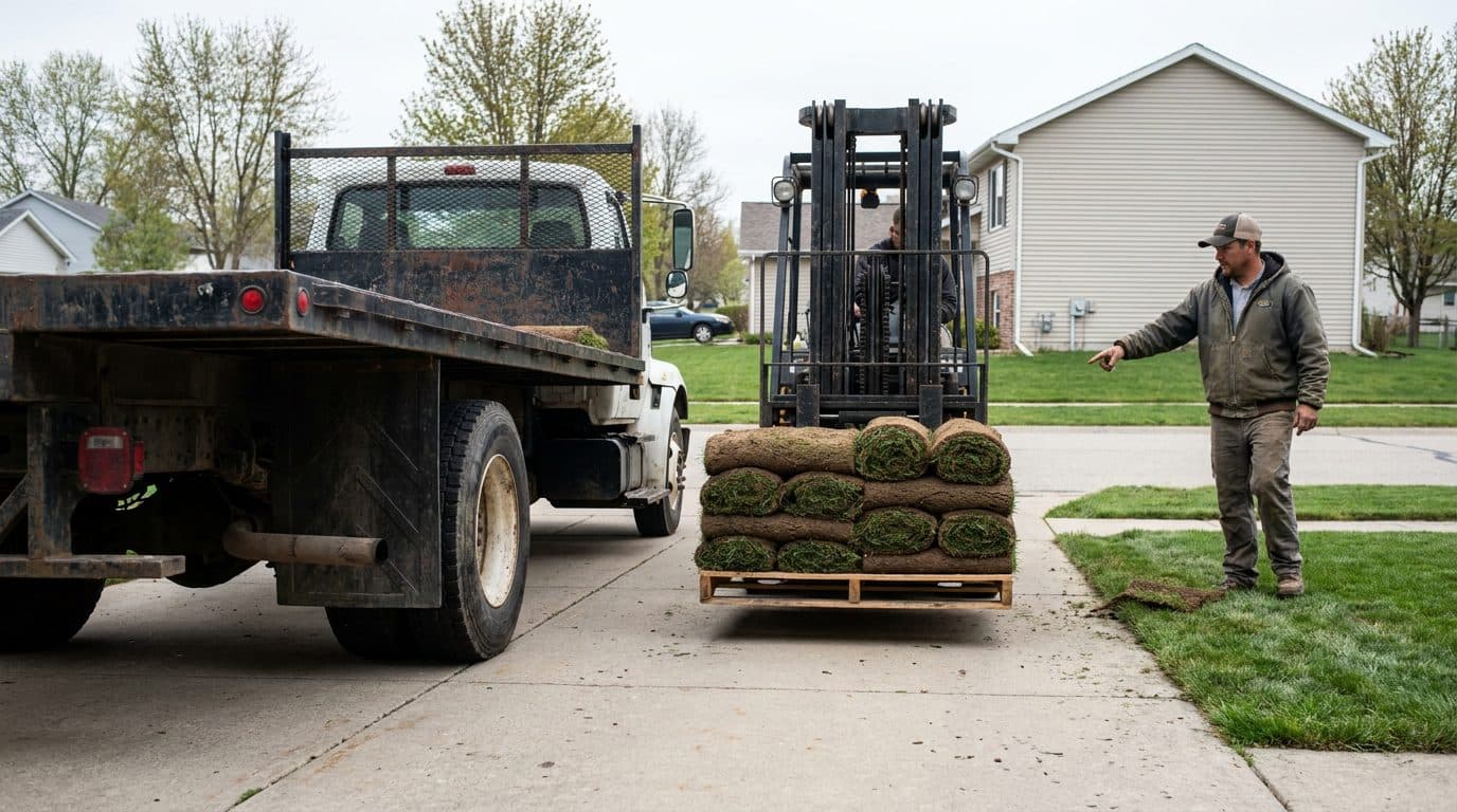 Delivery truck with its own forklift setting a pallet of sod on a concrete driveway while the homeowner points to the spot