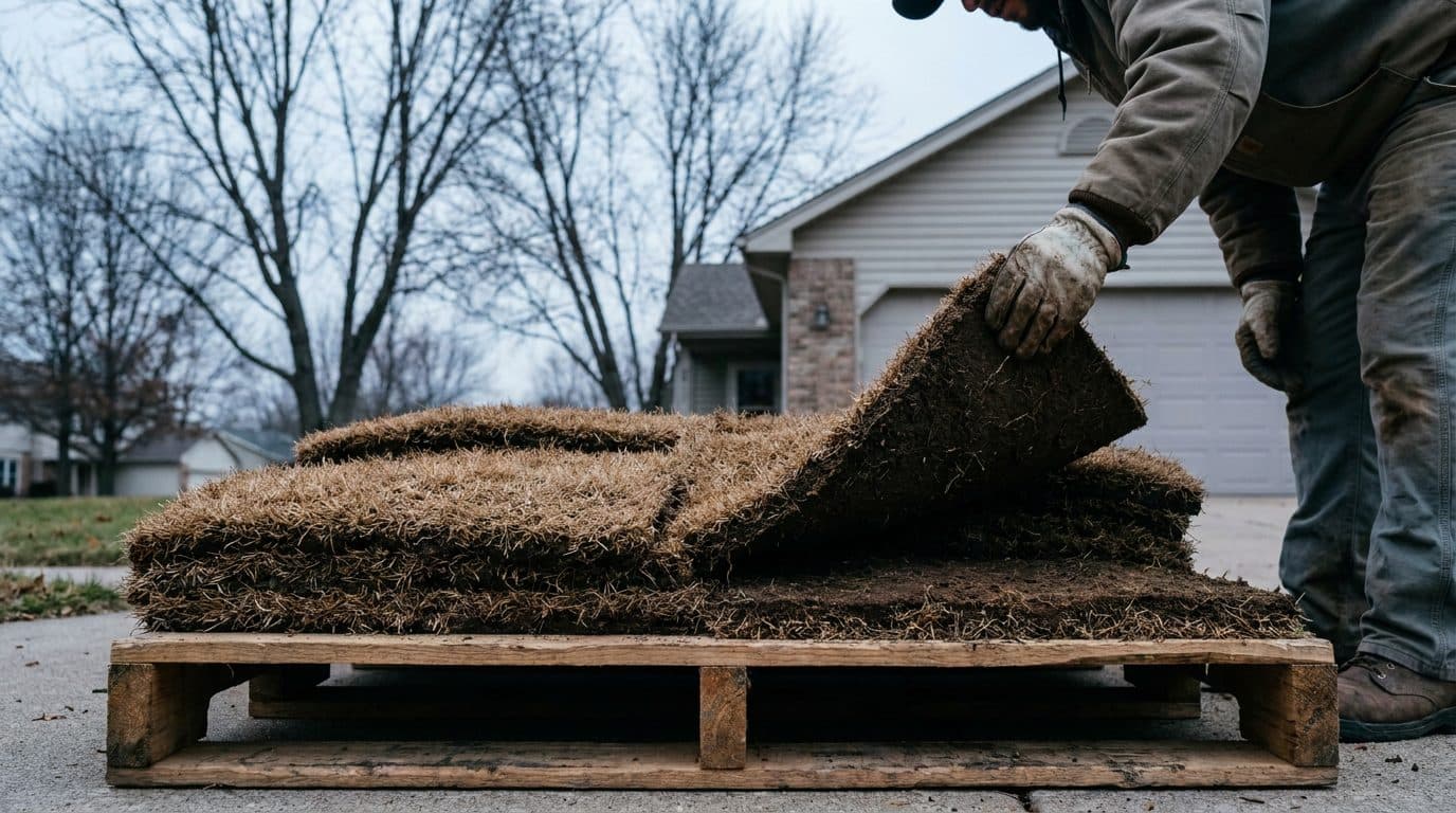 Gloved hand lifting a corner piece from a pallet of tan, dormant sod on a driveway in late fall