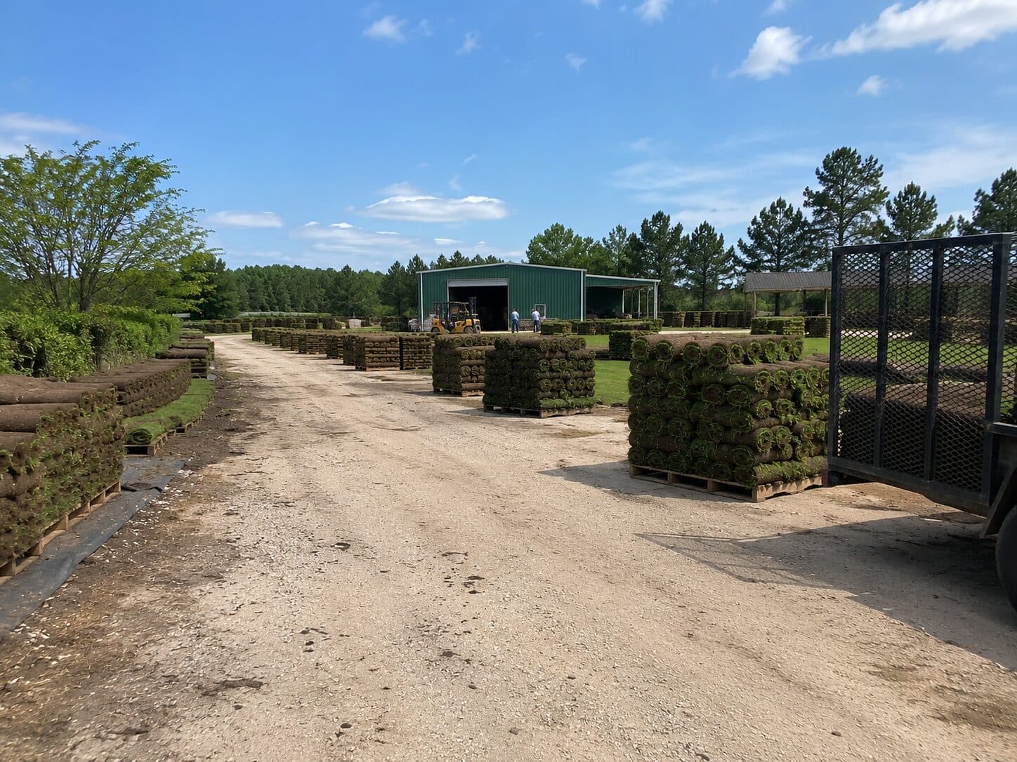 Pallets of rolled sod staged at a sod farm