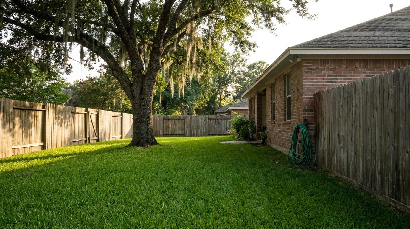 Houston backyard of lush St. Augustine grass under a large live oak beside a brick home