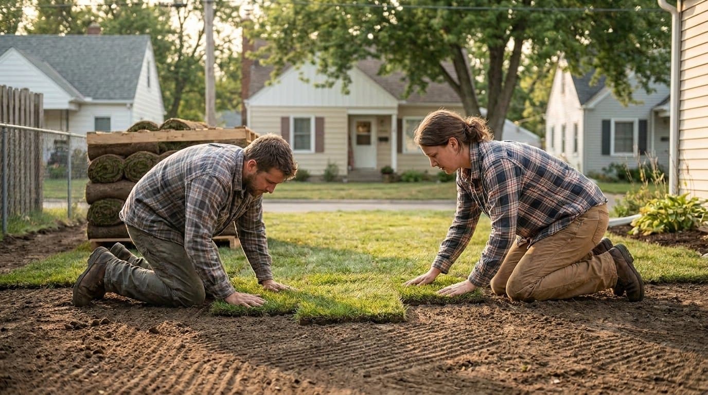 Two landscapers kneeling on raked soil laying fresh sod pieces edge to edge, pallet behind them