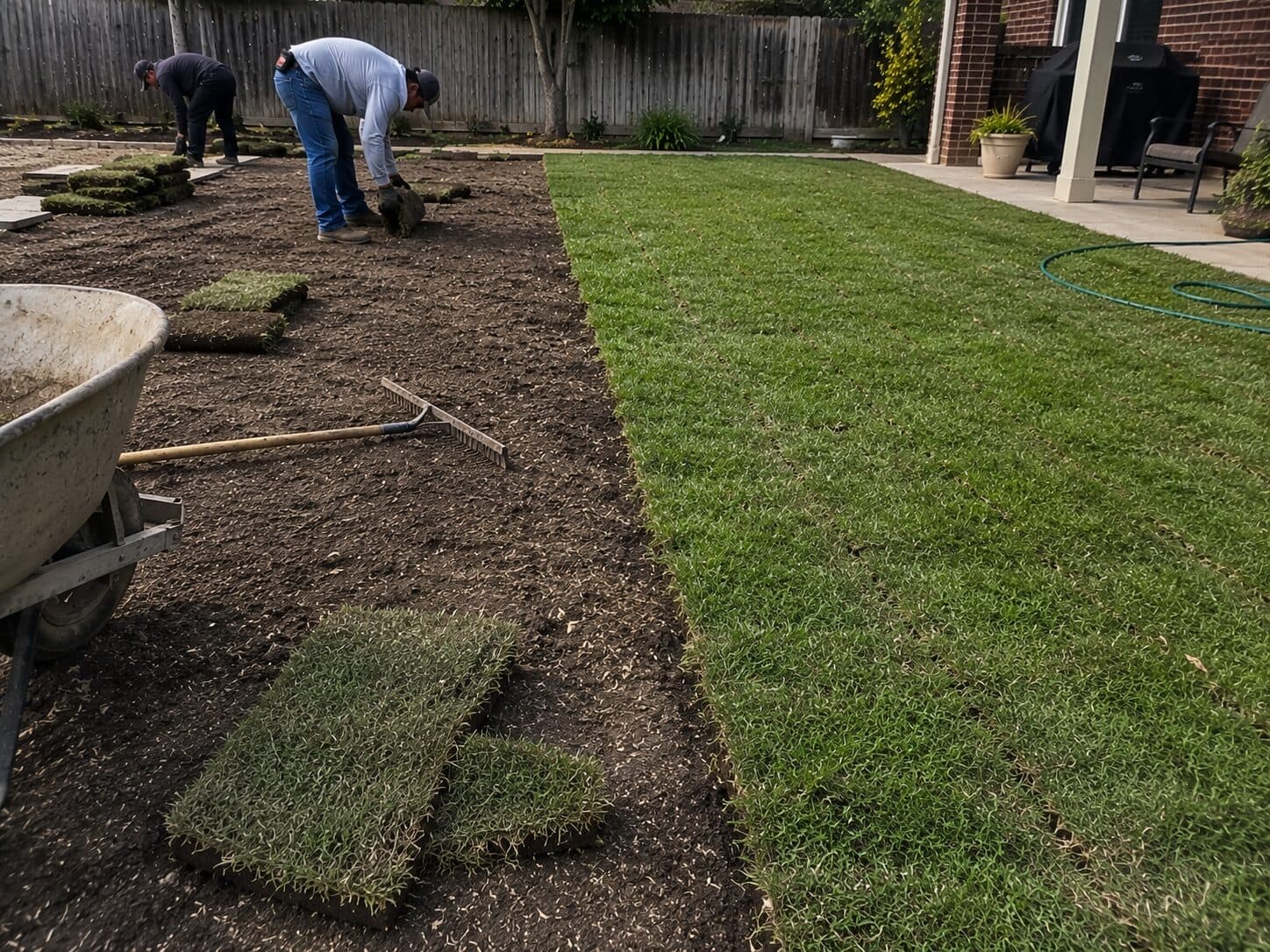 Freshly laid sod beside remaining bare soil during installation