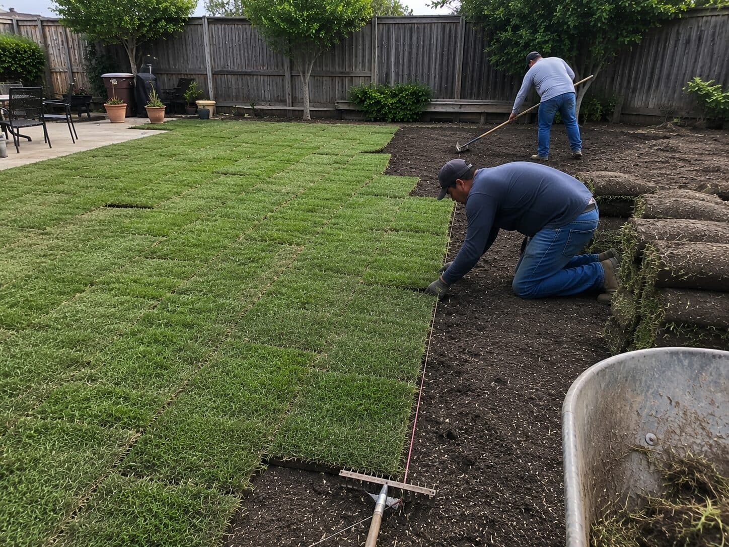 Two-person crew laying fresh sod across a backyard