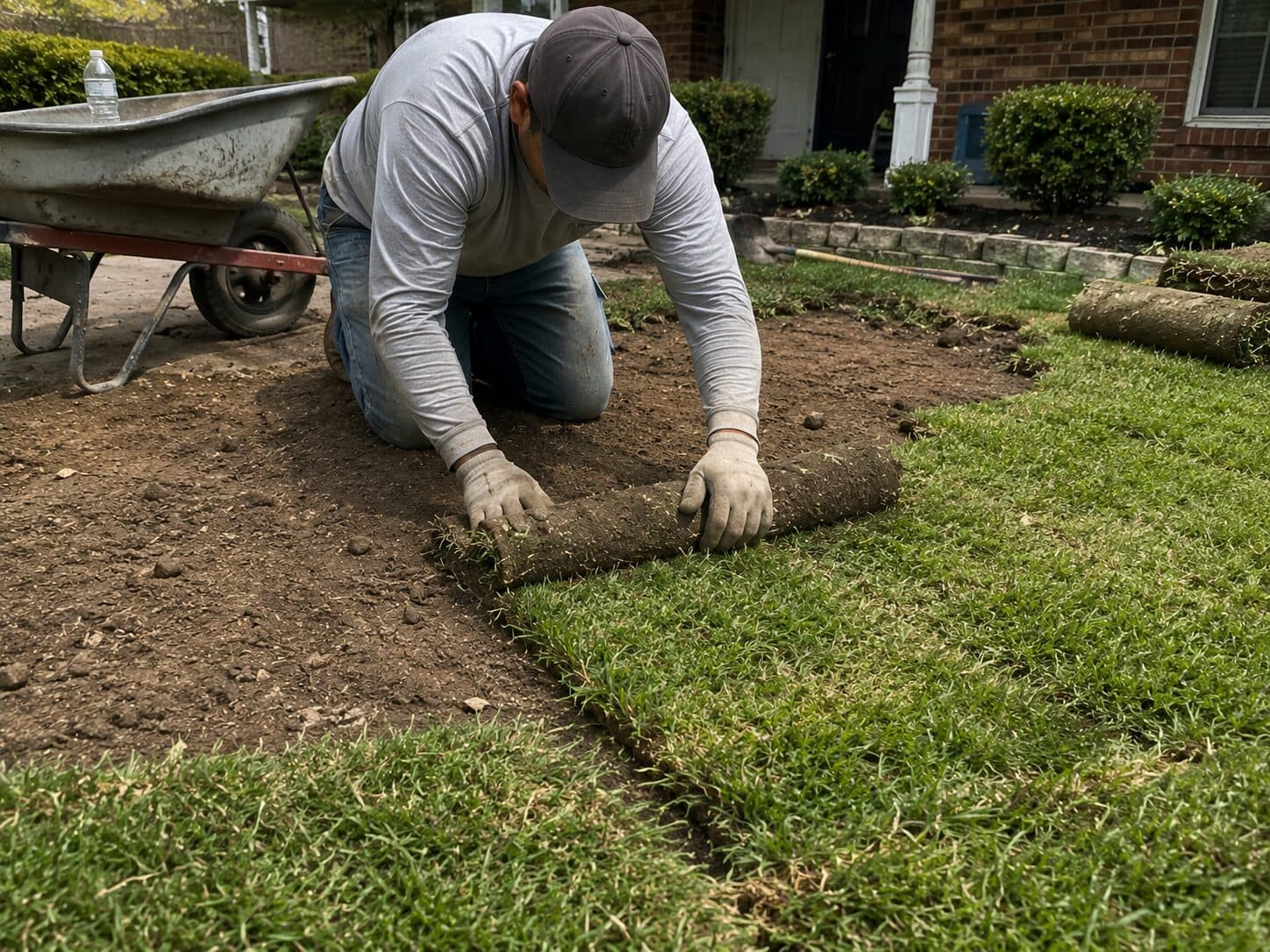 Worker kneeling while installing fresh sod in a prepared yard