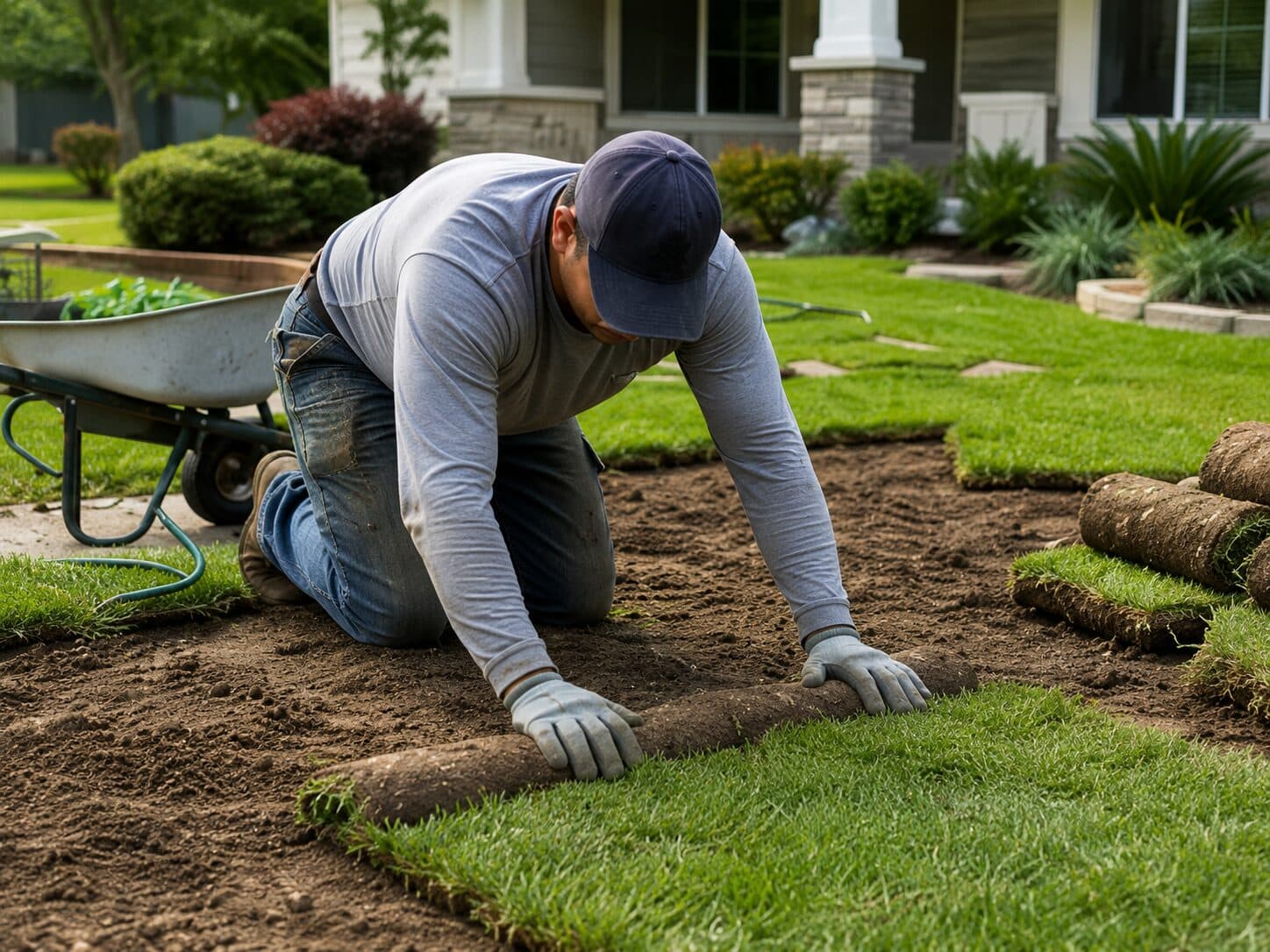 Sod installer placing a fresh strip in a landscaped front yard