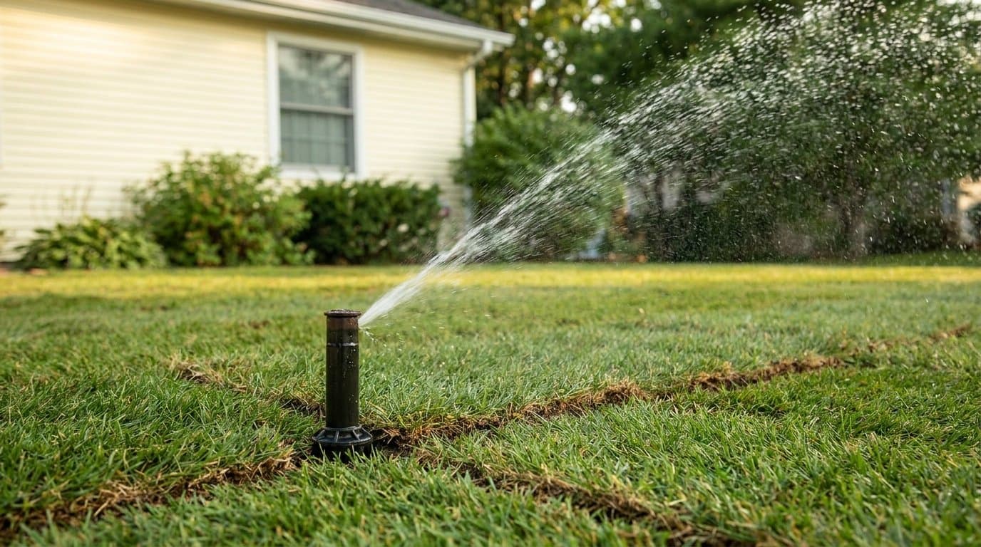 Pop-up irrigation head spraying water across newly laid sod with the seams still showing