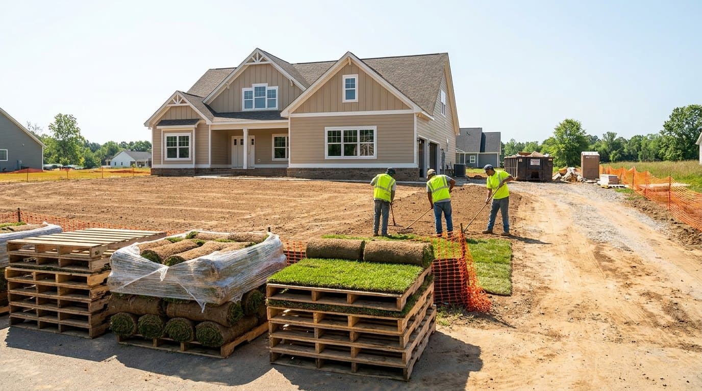 Pallets of sod staged on bare graded dirt in front of a newly built house