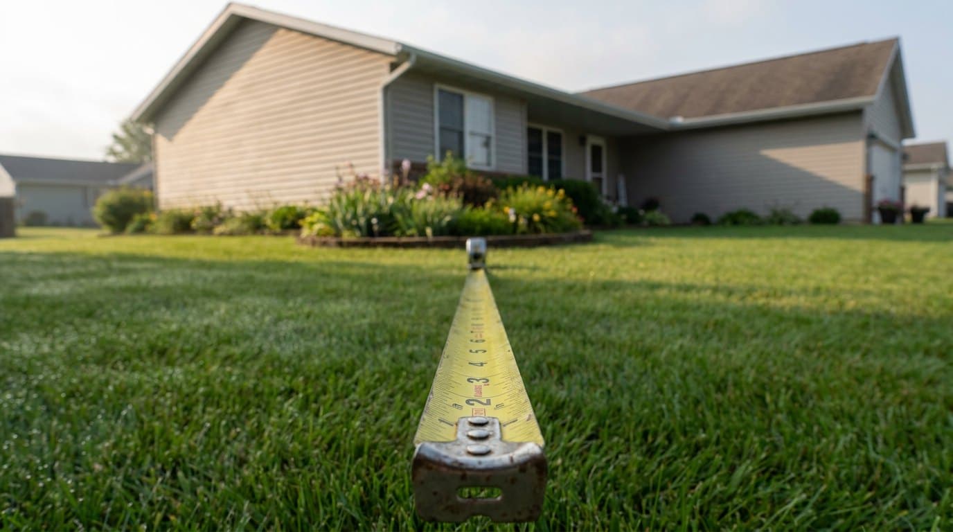 Tape measure extended across a green suburban backyard lawn