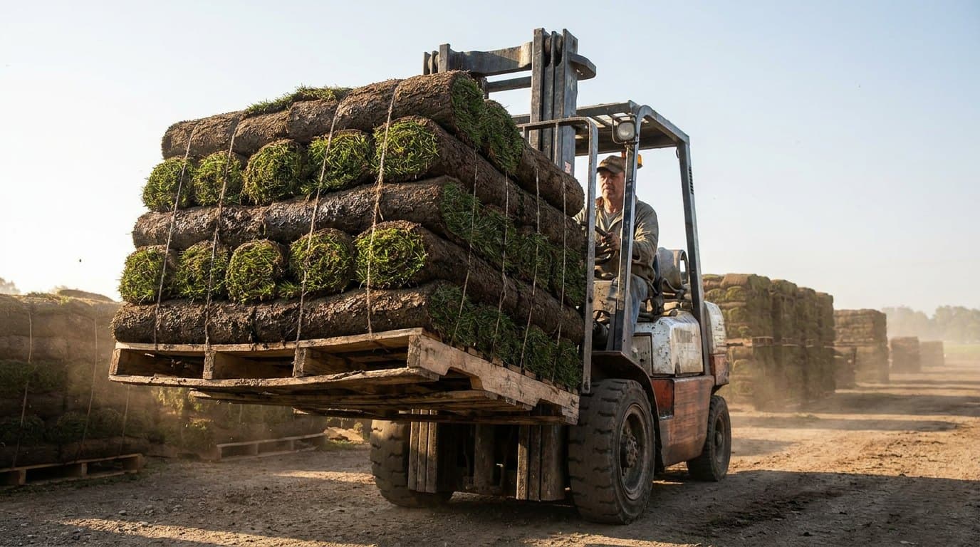 Forklift lifting a heavily stacked pallet of fresh cut sod at a turf farm