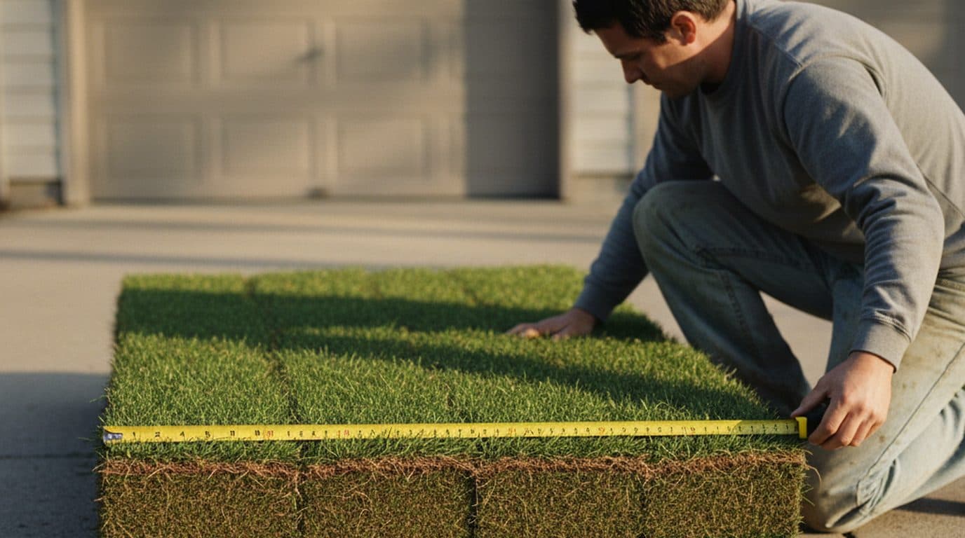 Homeowner stretching a tape measure across the top layer of a pallet of sod in a driveway