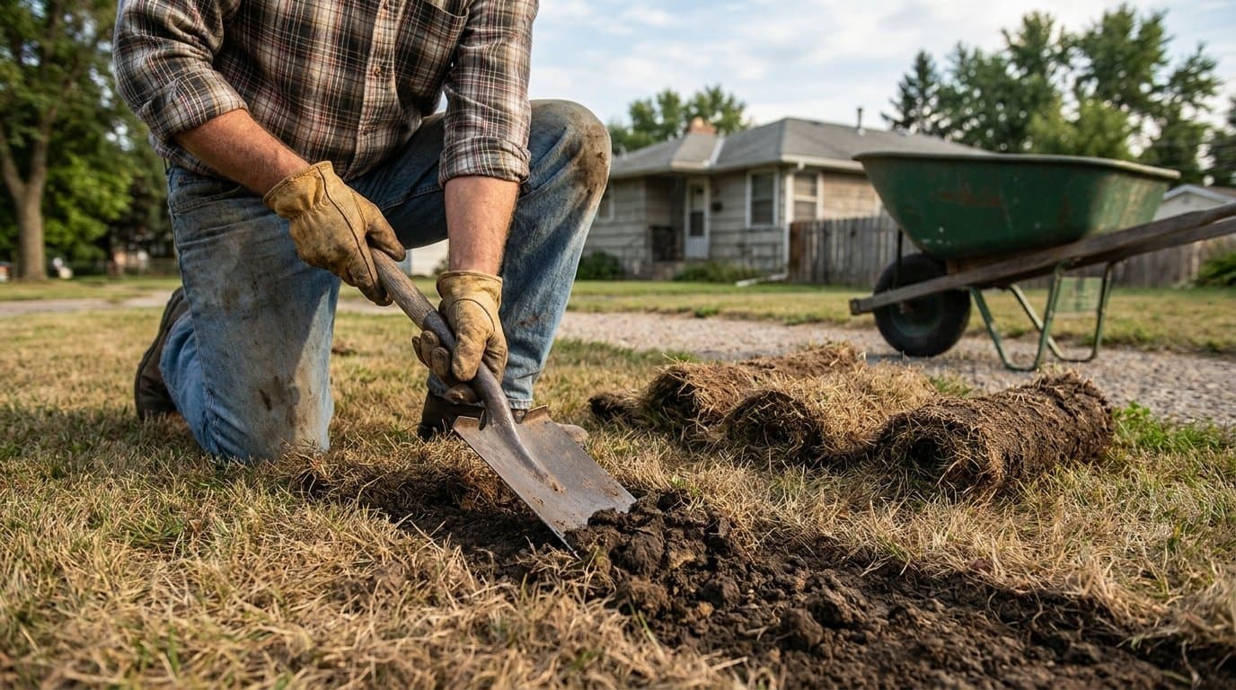 Homeowner in work gloves lifting strips of old dead grass with a flat spade, bare soil exposed