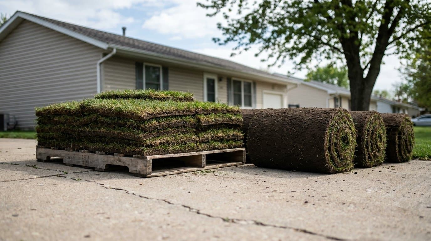 A pallet of stacked sod slabs beside large sod rolls on a driveway, showing both forms side by side