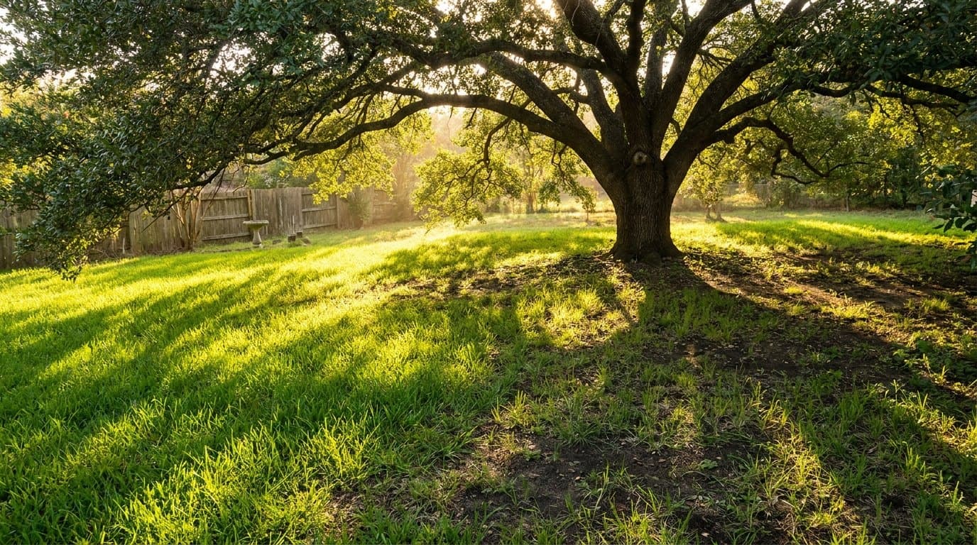 Lawn half in sunlight and half in deep shade beneath a mature oak, thinning where the shade is heaviest