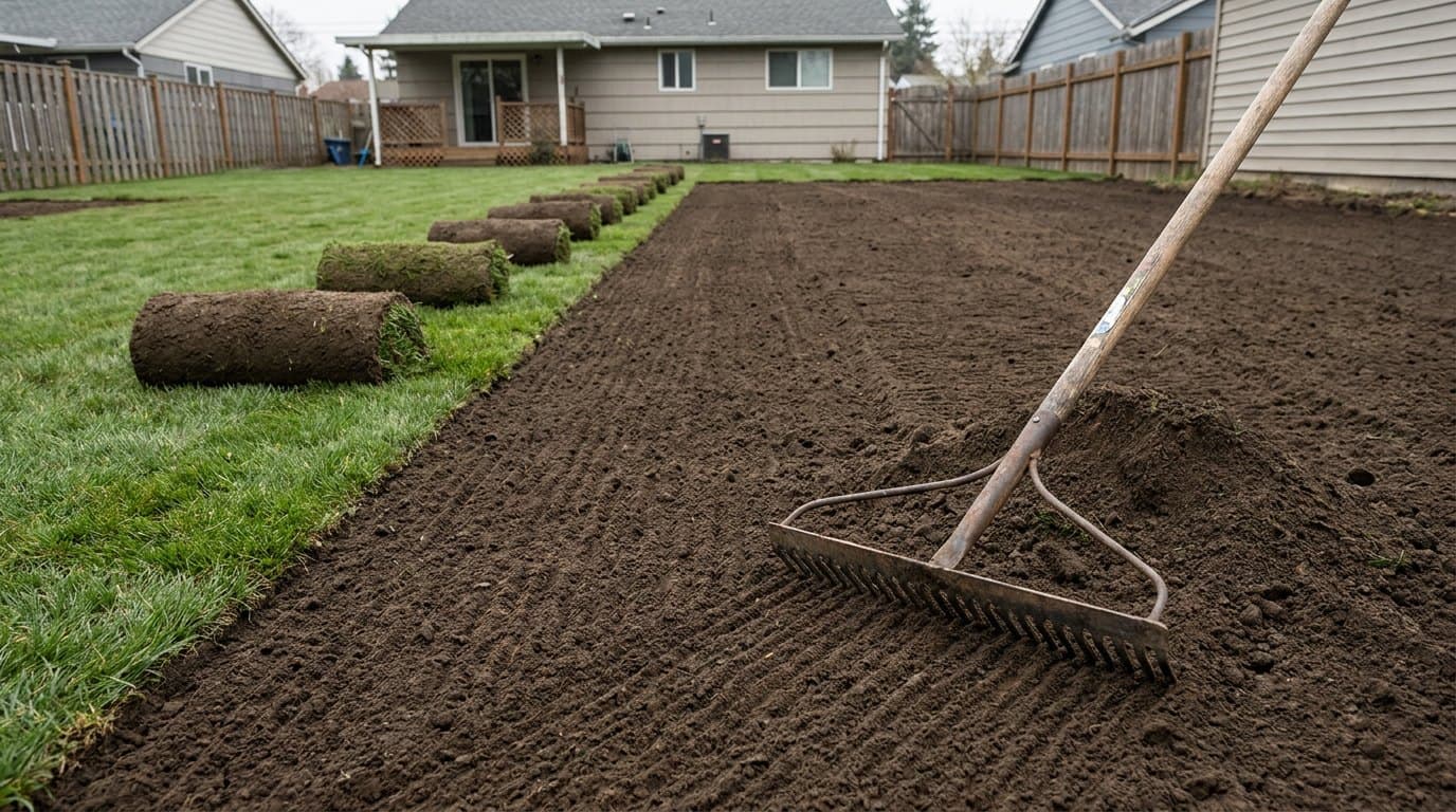 Freshly raked topsoil with a landscape rake, meeting the first strips of newly laid sod