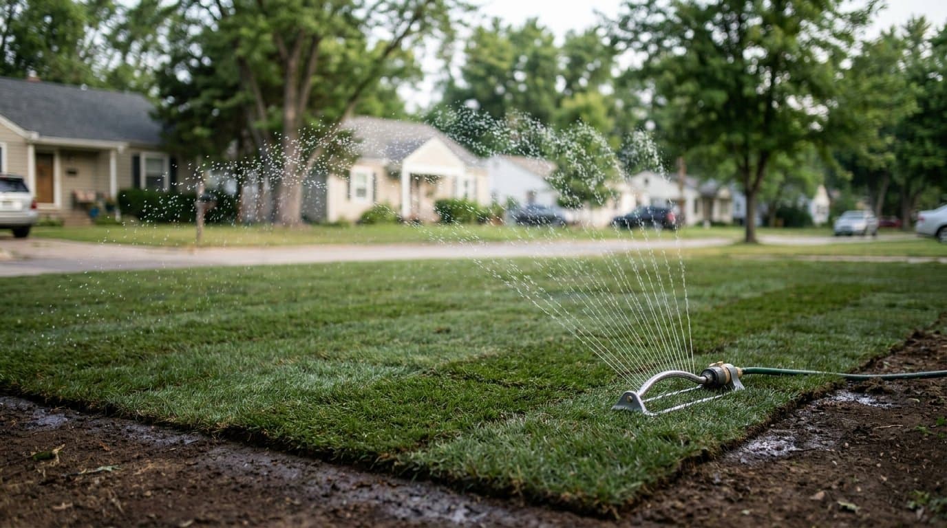 Oscillating sprinkler watering freshly laid sod, seams still visible, on a quiet suburban street