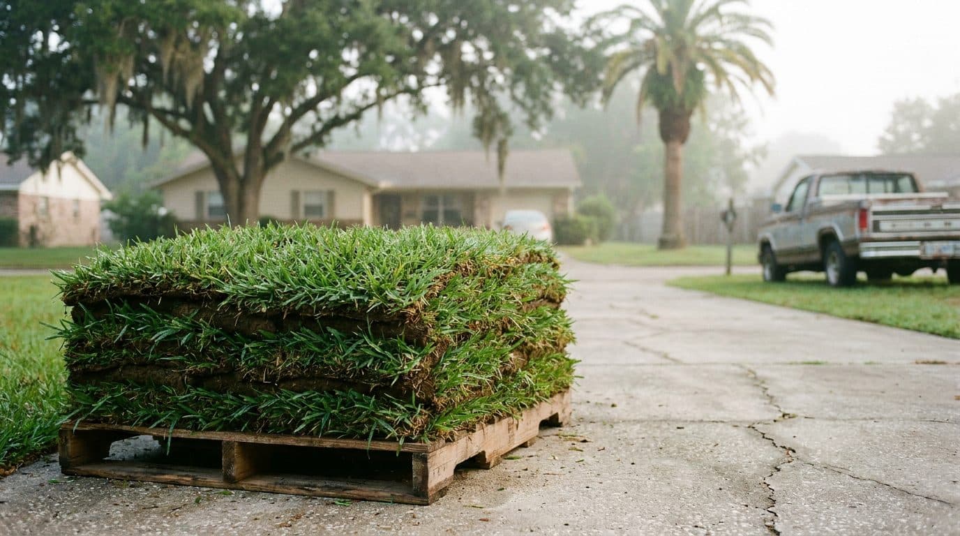 Pallet of freshly cut St. Augustine sod pieces on a Gulf Coast driveway in morning haze