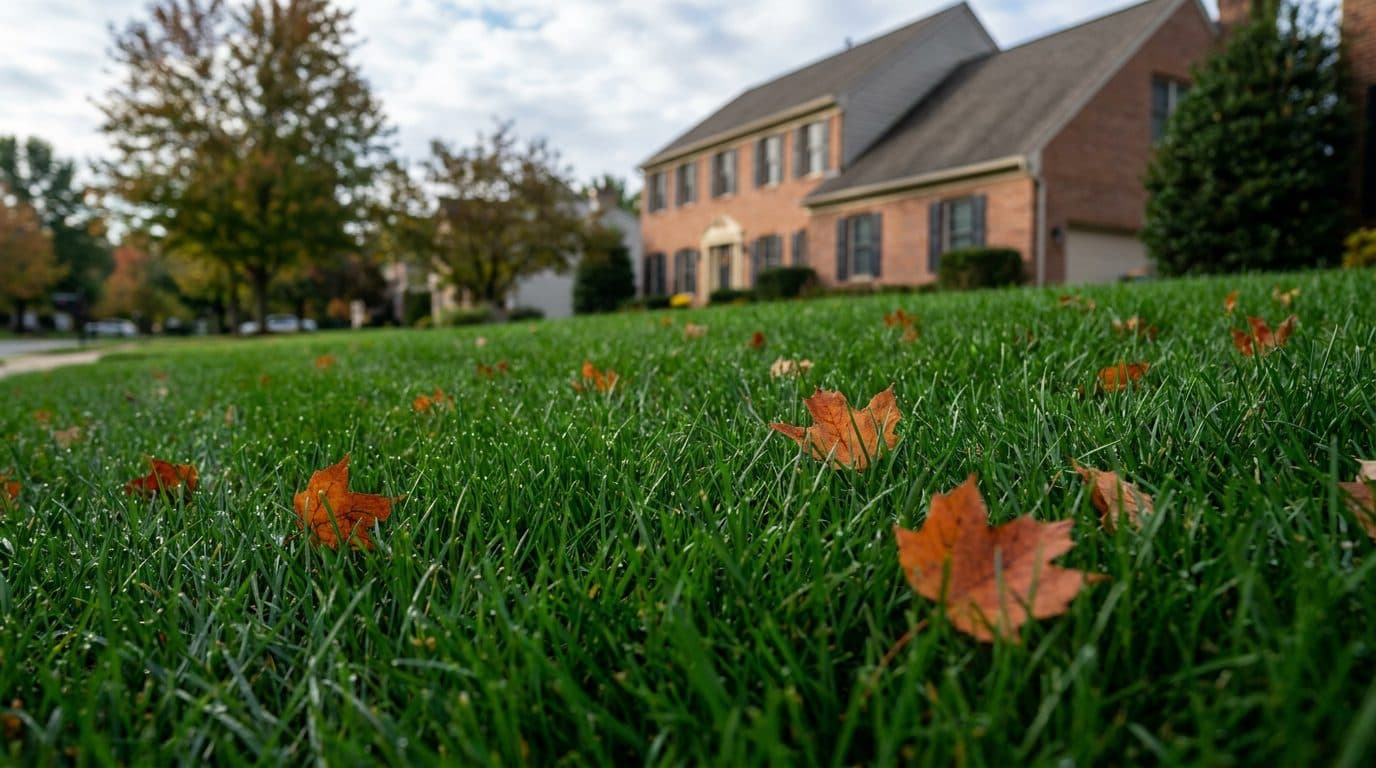 Dense tall fescue lawn in early fall with a few orange maple leaves, a brick colonial home behind