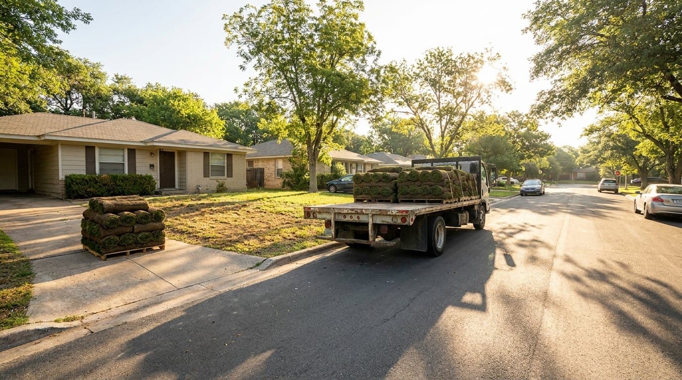 Flatbed truck loaded with sod pallets on a quiet suburban street in early morning light