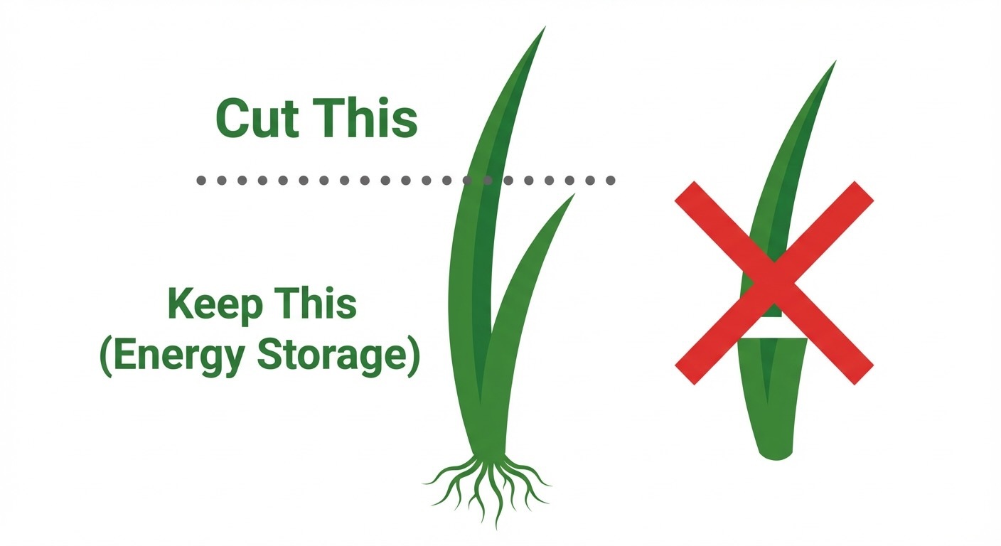 Diagram illustrating the one-third mowing rule showing a grass blade with a dotted line marking where to cut the top third while keeping the bottom two-thirds for energy storage, with a red X over a grass blade cut too short