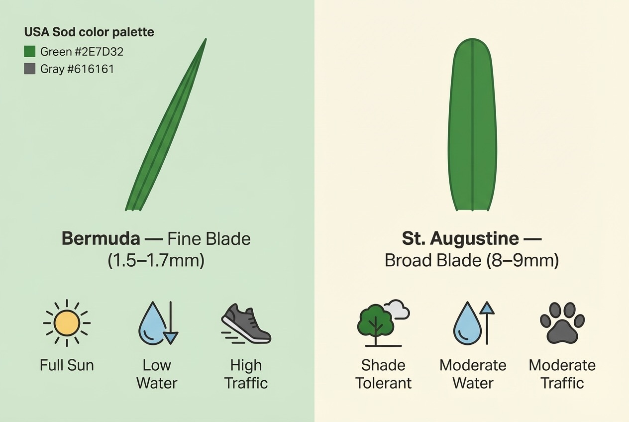 Bermuda grass has fine, 1.5&ndash;1.7mm blades built for sun and traffic. St. Augustine has broad, 8&ndash;9mm blades designed for shade tolerance and a lush appearance