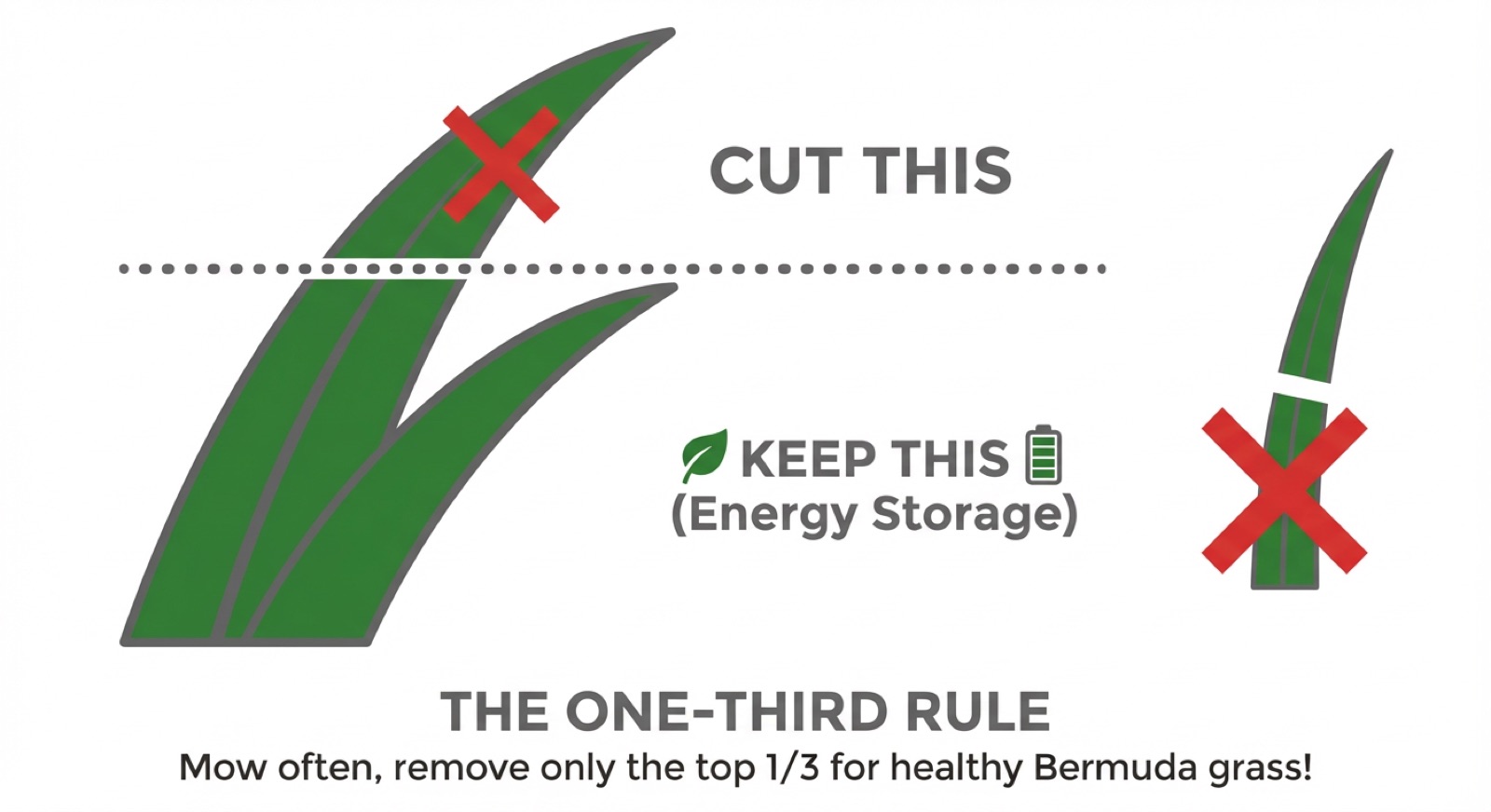 1/3 Rule Diagram showing the one-third rule for mowing Bermuda grass - cut only the top third of the grass blade and keep the bottom two-thirds for energy storage