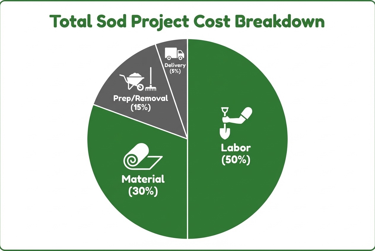 Total sod project cost breakdown pie chart showing labor 50%, material 30%, prep and removal 15%, and delivery 5%