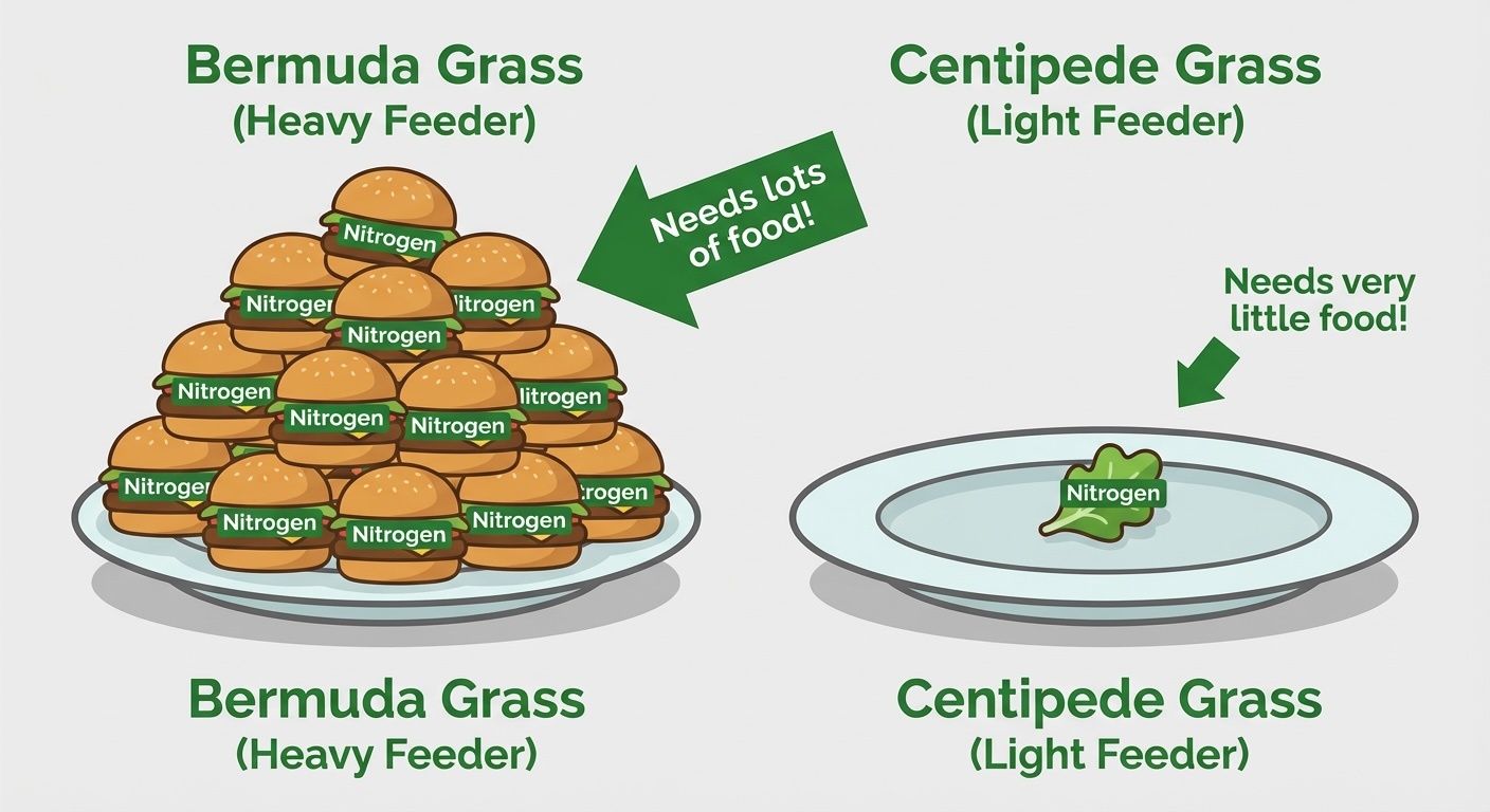 Visual comparison showing Bermuda grass as heavy feeder requiring lots of nitrogen versus Centipede grass as light feeder needing minimal fertilizer