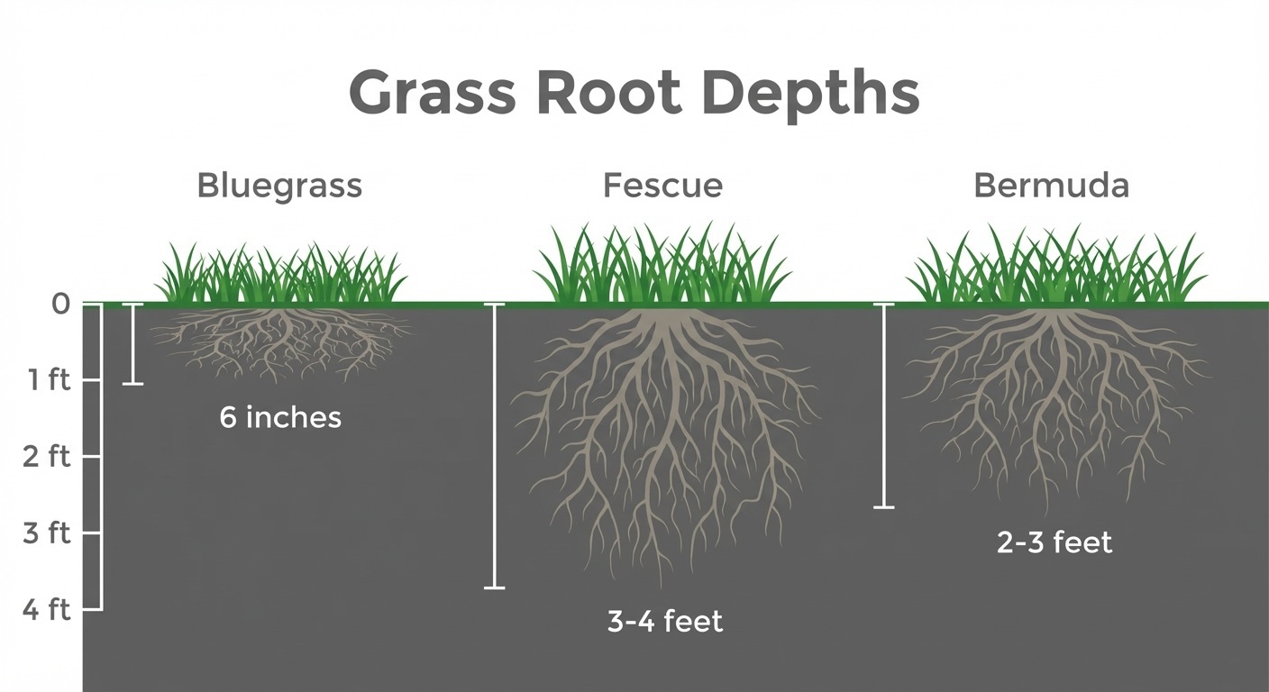 Comparison diagram of grass root depths showing Bluegrass at 6 inches, Fescue at 3 to 4 feet, and Bermuda at 2 to 3 feet