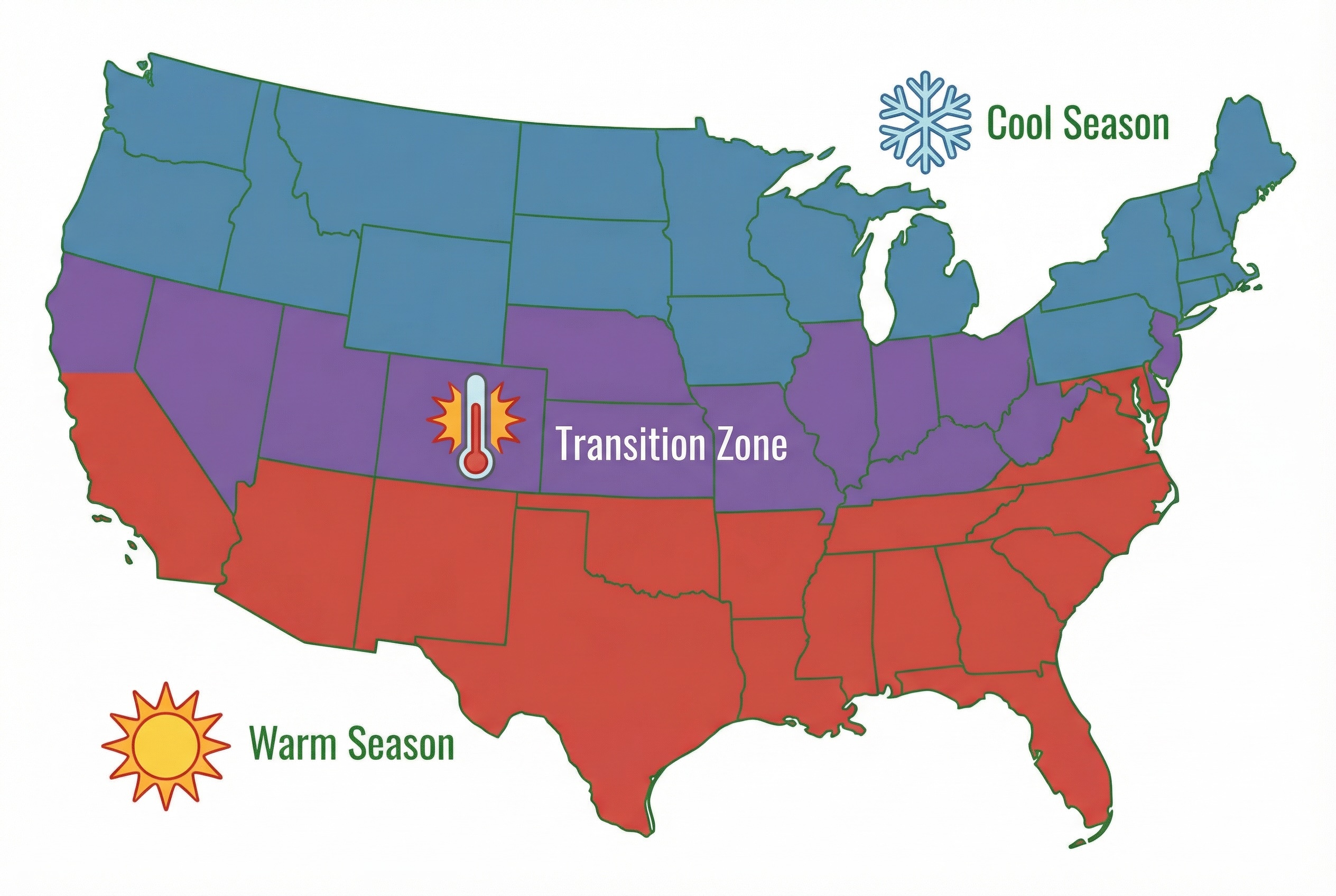 Map of the United States showing three grass-growing zones: Cool Season in the North shown in blue, Transition Zone in the middle shown in purple, and Warm Season in the South shown in red