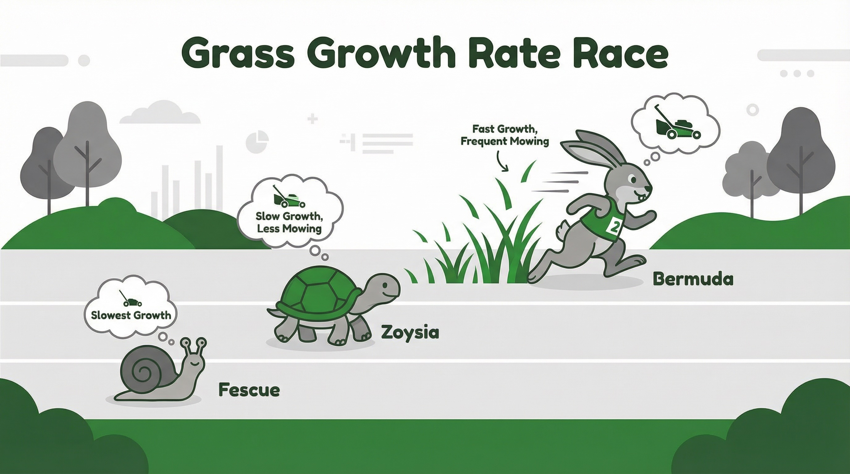 Comparison infographic showing grass growth rates: Fescue as slowest (snail), Zoysia as slow growth with less mowing (tortoise), and Bermuda as fast growth requiring frequent mowing (rabbit)