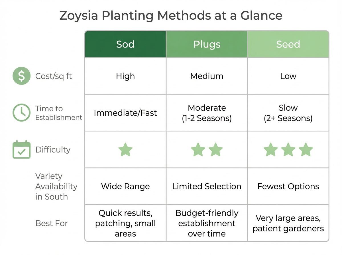 Comparison chart of Zoysia grass planting methods &mdash; sod vs. plugs vs. seed cost, time, and difficulty
