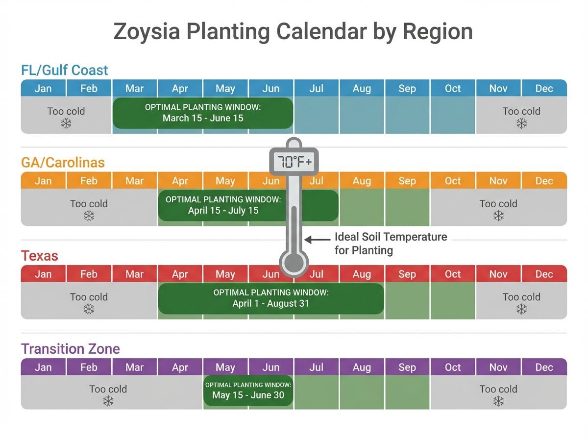 Regional Zoysia grass planting calendar showing optimal planting windows for Florida, Georgia, Texas, and transition zone