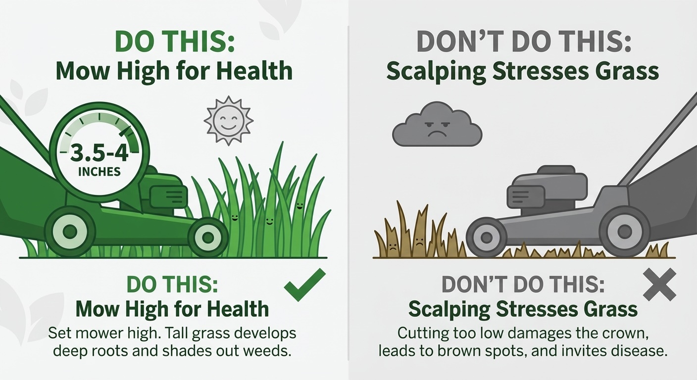 Infographic showing proper St. Augustine grass mowing height of 3.5-4 inches compared to scalping damage from cutting too low