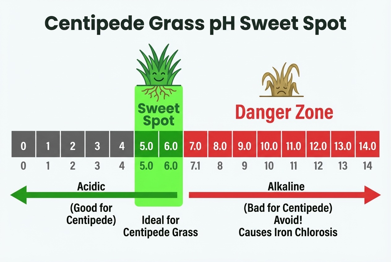 Centipede grass pH sweet spot chart showing ideal soil pH range of 5.0-6.0 and danger zone above 7.0 causing iron chlorosis