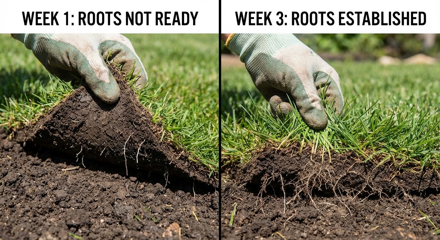 Side-by-side comparison showing sod root development at week 1 with shallow roots versus week 3 with fully established deep roots