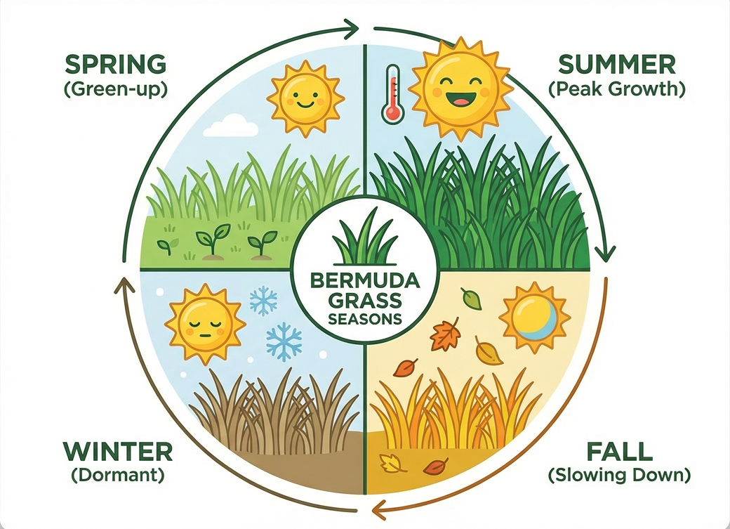 Bermuda grass seasonal care calendar showing four seasons - spring green-up, summer peak growth, fall preparation for dormancy, and winter dormant period