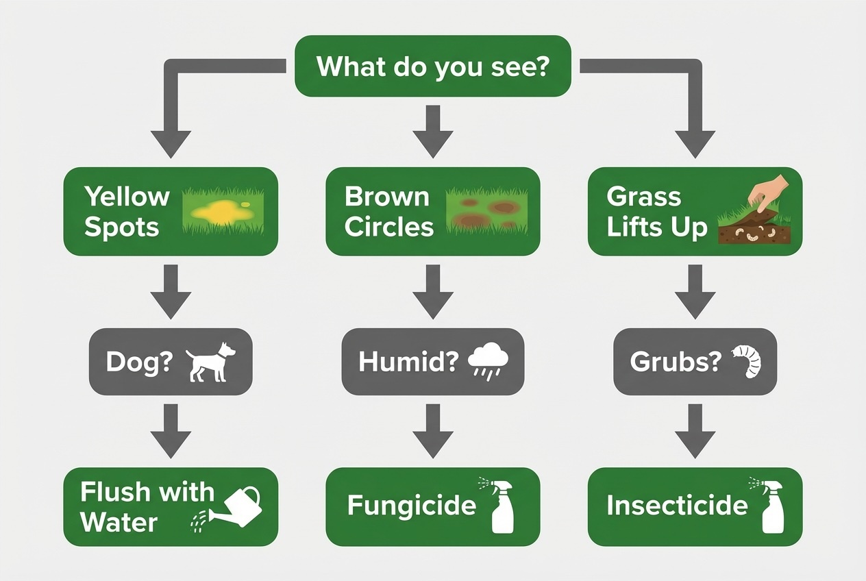 A flowchart starting with "What do you see?". Path A: "Yellow Spots" -> "Dog?" -> "Flush with Water". Path B: "Brown Circles" -> "Humid?" -> "Fungicide". Path C: "Grass Lifts Up" -> "Grubs?" -> "Insecticide".