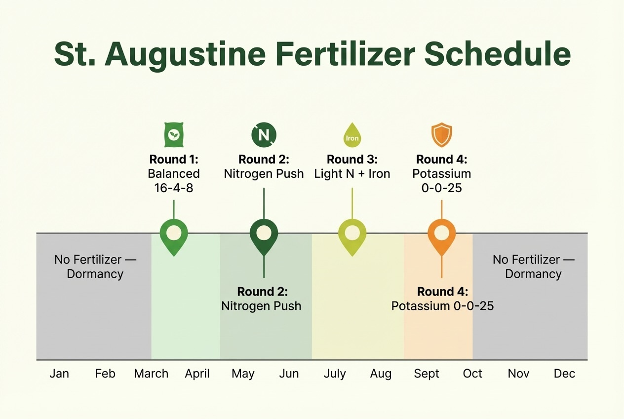 Follow this 4-round fertilizer schedule to keep your St. Augustine lawn thick and green from spring through fall without fueling disease