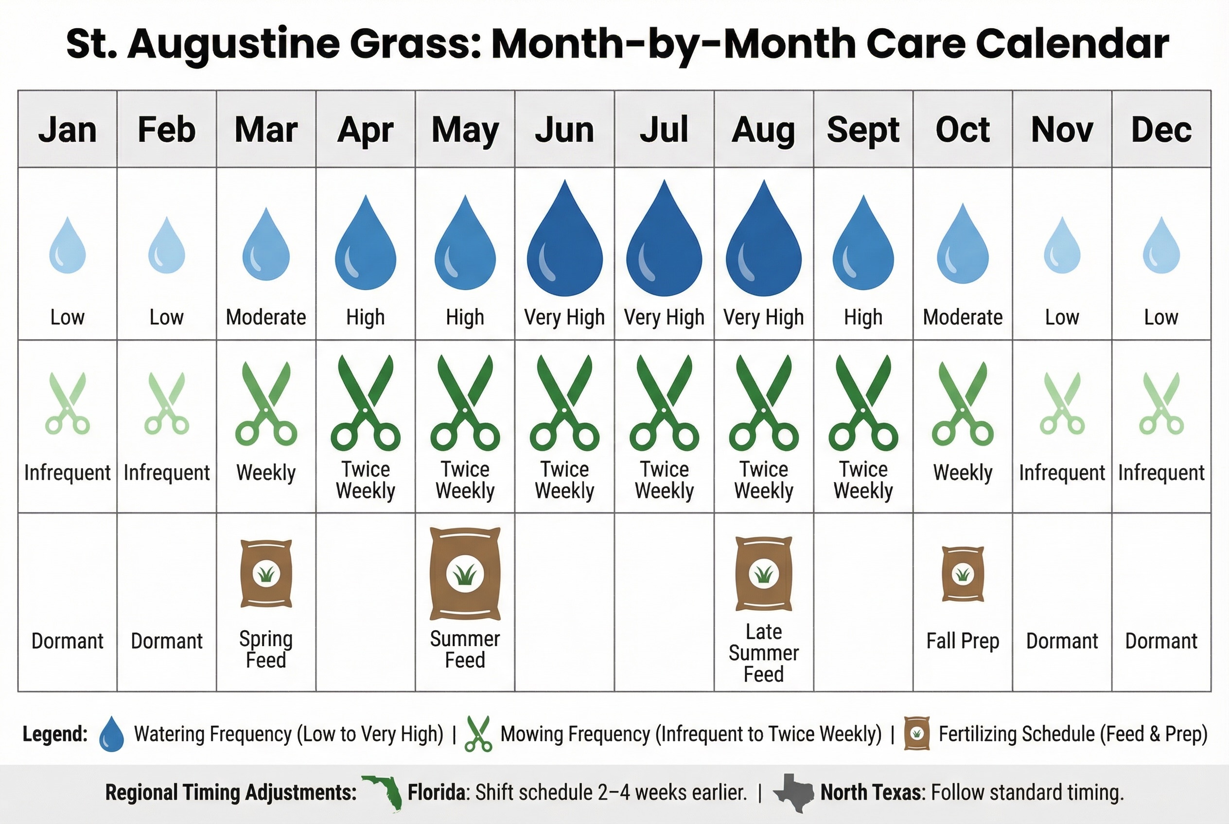 Your month-by-month St. Augustine care cheat sheet — screenshot this and stick it on the fridge