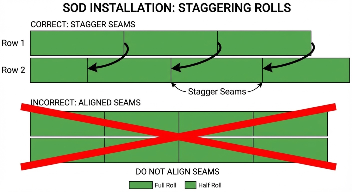 Diagram showing the correct brick-like staggered pattern for laying sod rolls versus the incorrect aligned seam pattern