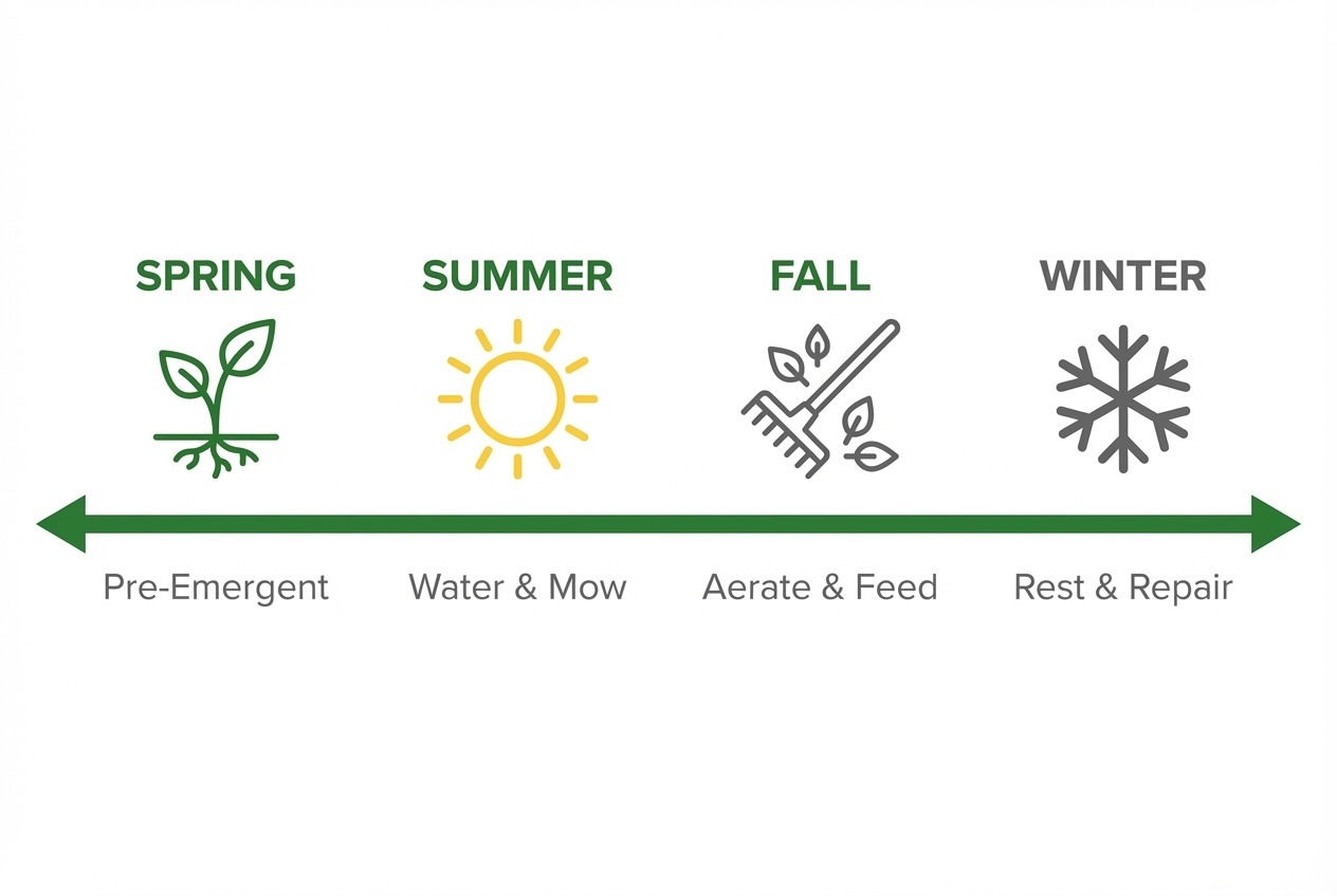 Seasonal lawn care timeline showing Spring for pre-emergent application, Summer for watering and mowing, Fall for aerating and feeding, and Winter for rest and repair
