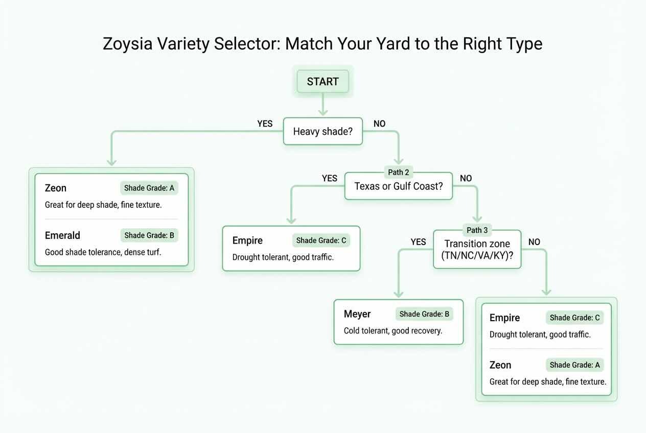 Zoysia variety selector flowchart matching yard conditions such as shade and region to the right zoysia type.
