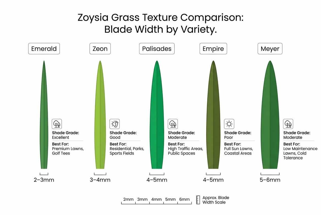 Zoysia grass texture comparison showing blade width by variety, including Emerald, Zeon, Palisades, Empire, and Meyer.
