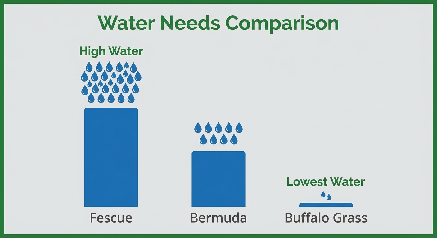 Water needs comparison chart showing Buffalo grass requires lowest water compared to Bermuda and Fescue turfgrasses