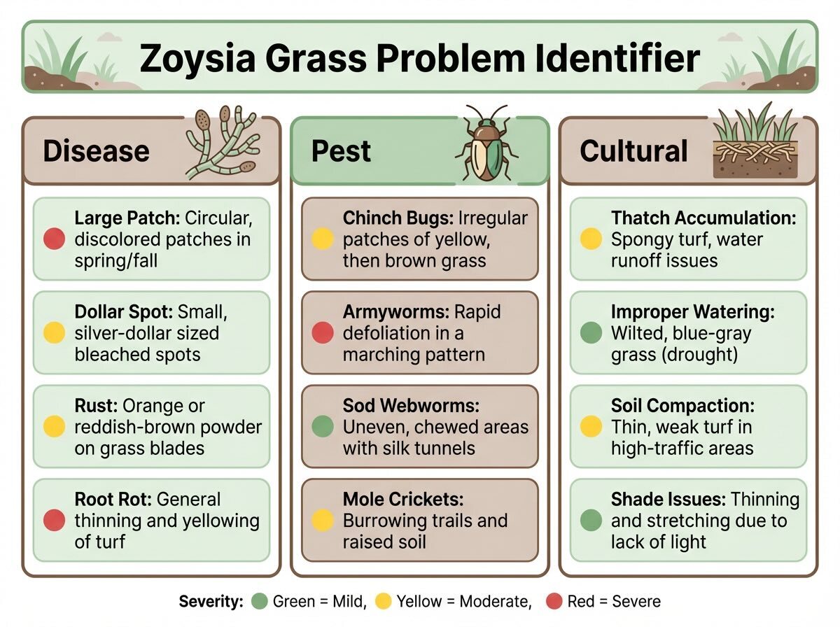 Thatch buildup is zoysia's most overlooked problem. A layer exceeding &frac12; inch blocks water, air, and nutrients &mdash; and creates ideal conditions for both disease and pests.